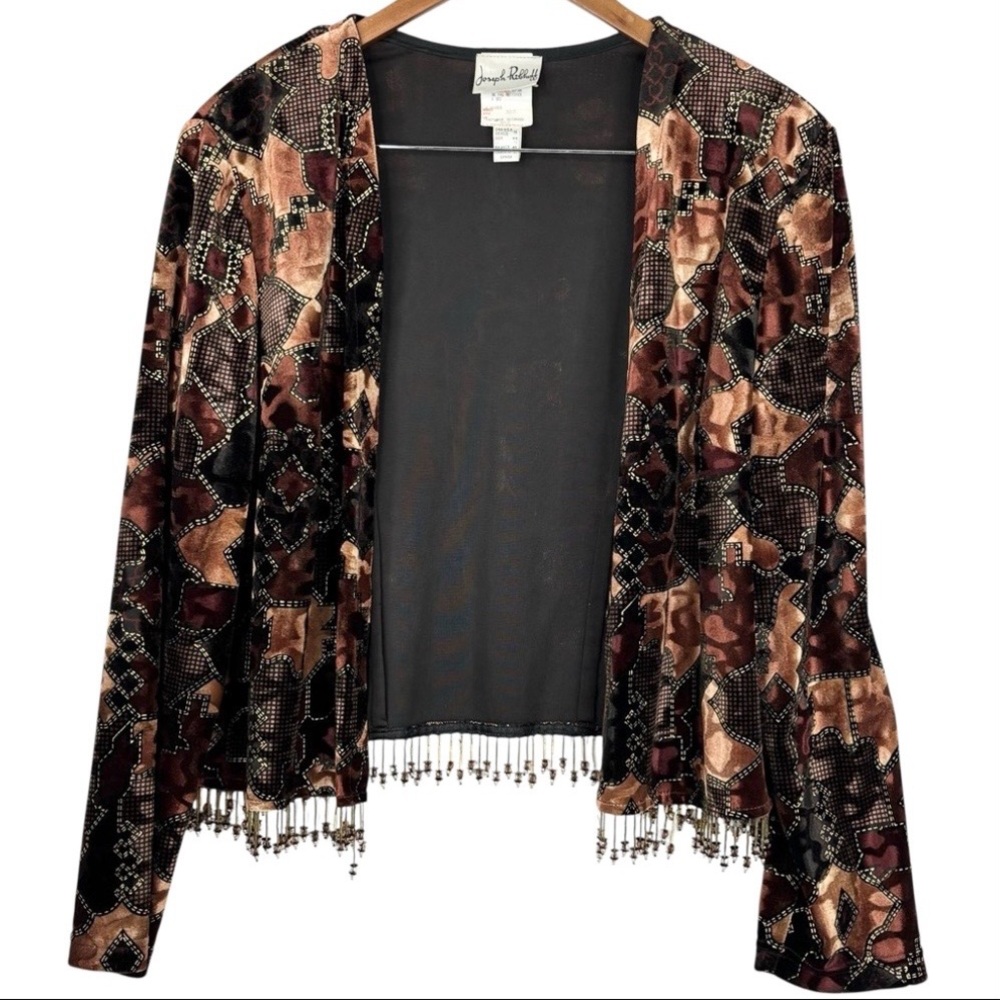 VTG Joseph Ribkoff Velvet Patchwork Beaded Fringe Hem Open Cardigan Jacket 16